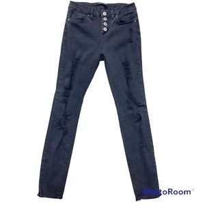 Angel Kiss Womens Stretch Skinny 4 Button Black Distressed Jeans Size 5 Raw Hem